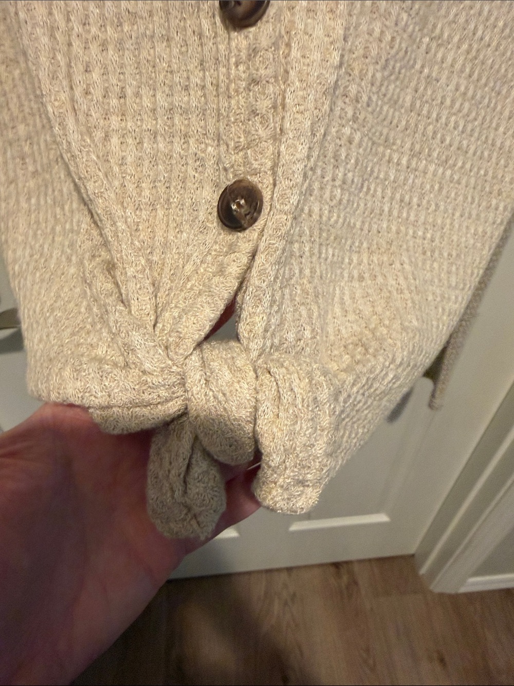 Light Beige Knit Button-Front Women’s Sweater with Front Tie - Picture 8 of 10
